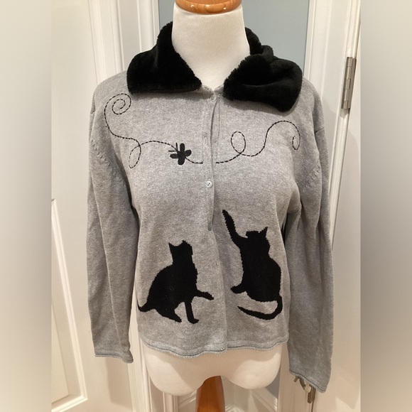 HAND MADE DESIGNER CAT CARDIGAN SWEATER W/ REMOVABLE FUR COLLAR. SZ XL - Picture 2 of 6